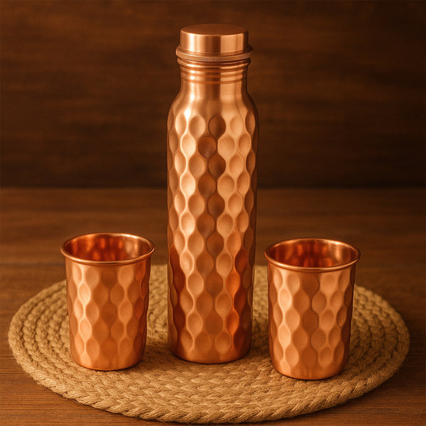 Copper Water Bottle with 2 Glasses Gift Set (3 Pcs)