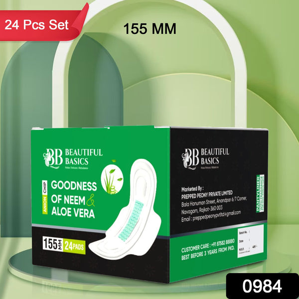Sanitary Pads For Women With Goodness Of Neem  Aloe Vera  Ultra Thin  Leakage Protection  Ph Balance  With Antibacterial Anion Chip  (155 Mm  24 Pads)