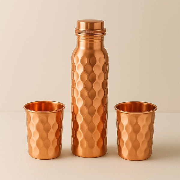 Copper Water Bottle with 2 Glasses Gift Set (3 Pcs)